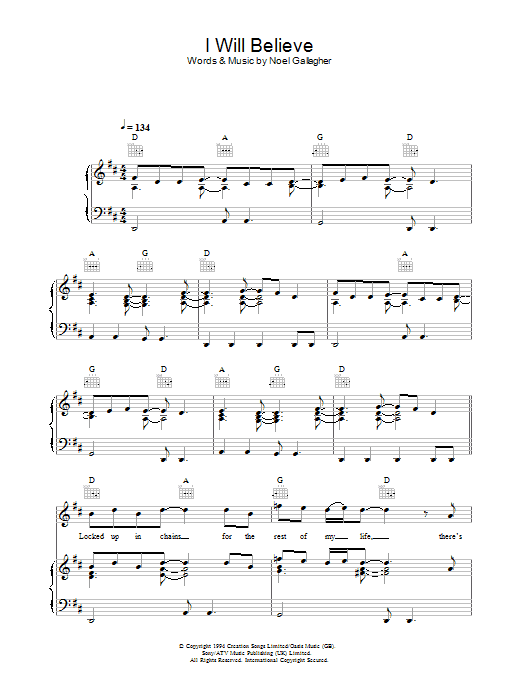 Oasis I Will Believe Sheet Music Notes & Chords for Piano, Vocal & Guitar (Right-Hand Melody) - Download or Print PDF