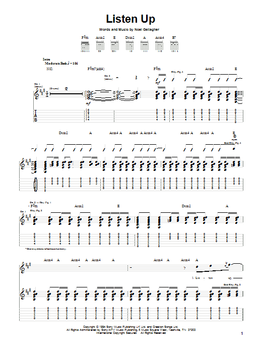 Oasis Listen Up Sheet Music Notes & Chords for Easy Guitar Tab - Download or Print PDF