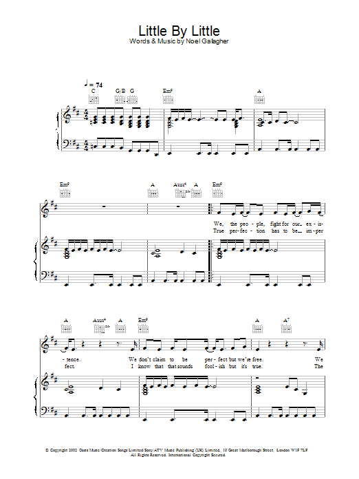 Oasis Little By Little Sheet Music Notes & Chords for Piano, Vocal & Guitar - Download or Print PDF