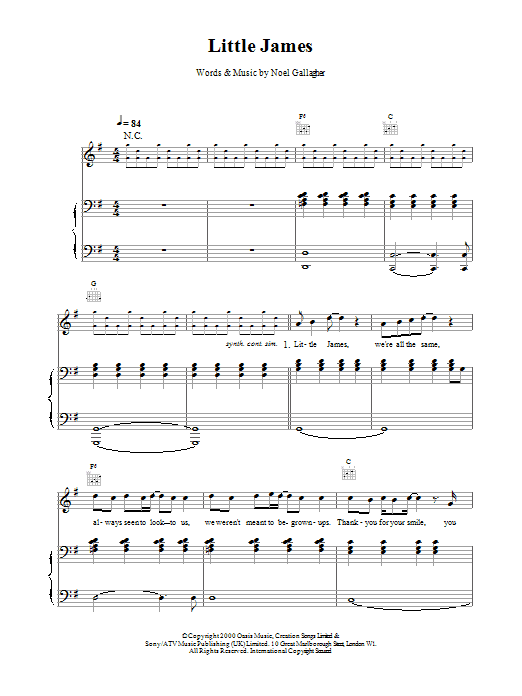 Oasis Little James Sheet Music Notes & Chords for Piano, Vocal & Guitar - Download or Print PDF