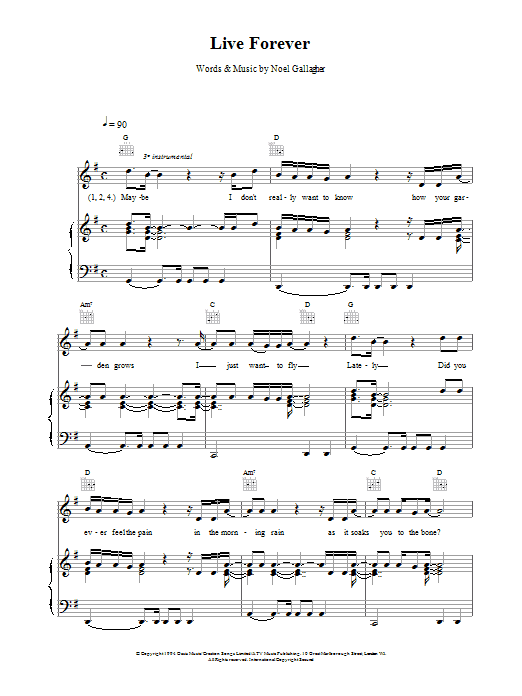 Oasis Live Forever Sheet Music Notes & Chords for Keyboard - Download or Print PDF