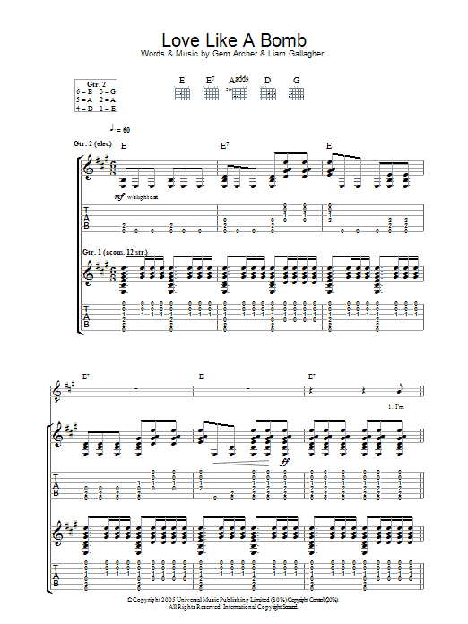 Oasis Love Like A Bomb Sheet Music Notes & Chords for Piano, Vocal & Guitar (Right-Hand Melody) - Download or Print PDF