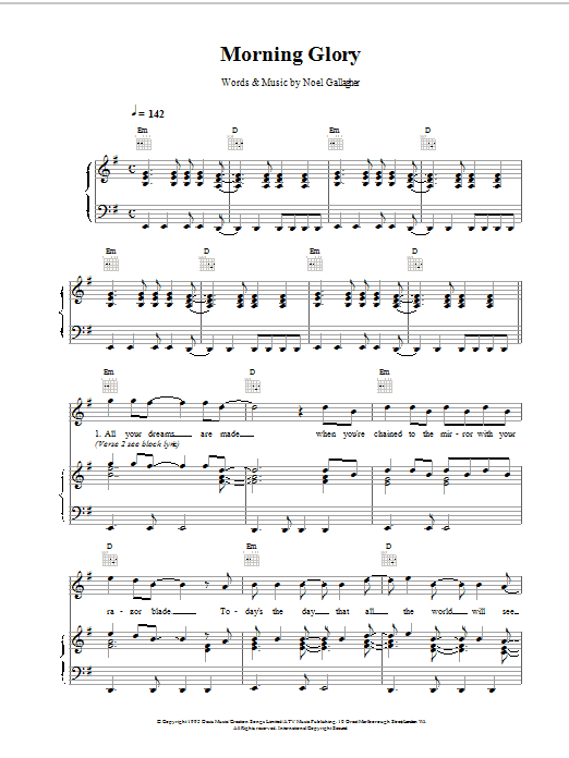 Oasis Morning Glory Sheet Music Notes & Chords for Piano, Vocal & Guitar (Right-Hand Melody) - Download or Print PDF