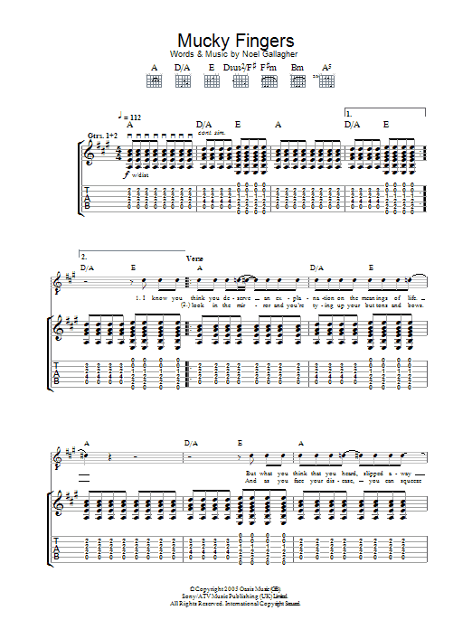 Oasis Mucky Fingers Sheet Music Notes & Chords for Guitar Tab - Download or Print PDF