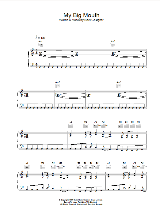 Oasis My Big Mouth Sheet Music Notes & Chords for Piano, Vocal & Guitar - Download or Print PDF