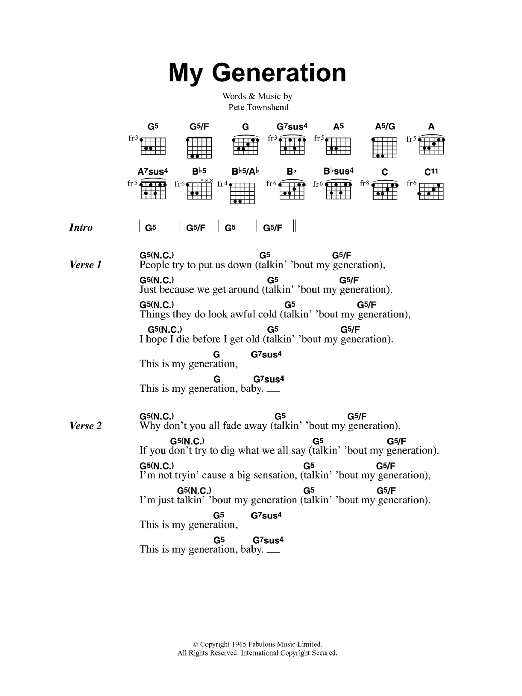 Oasis My Generation Sheet Music Notes & Chords for Lyrics & Chords - Download or Print PDF