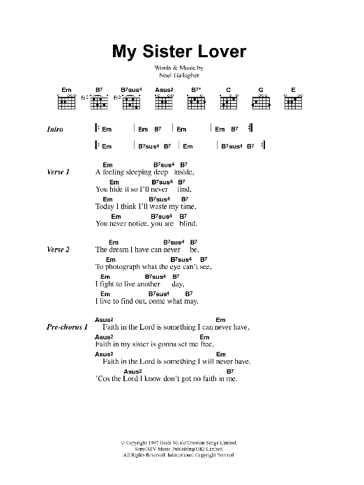 Oasis My Sister Lover Sheet Music Notes & Chords for Lyrics & Chords - Download or Print PDF