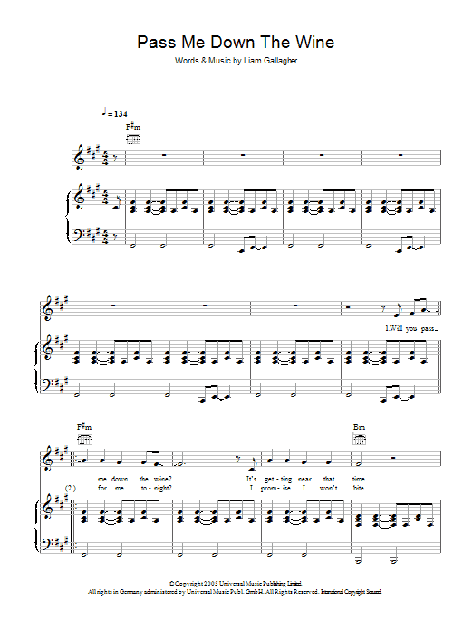 Oasis Pass Me Down The Wine Sheet Music Notes & Chords for Piano, Vocal & Guitar - Download or Print PDF