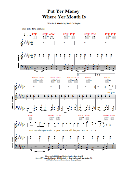 Oasis Put Yer Money Where Yer Mouth Is Sheet Music Notes & Chords for Piano, Vocal & Guitar - Download or Print PDF