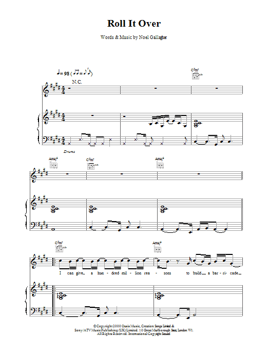 Oasis Roll It Over Sheet Music Notes & Chords for Piano, Vocal & Guitar - Download or Print PDF