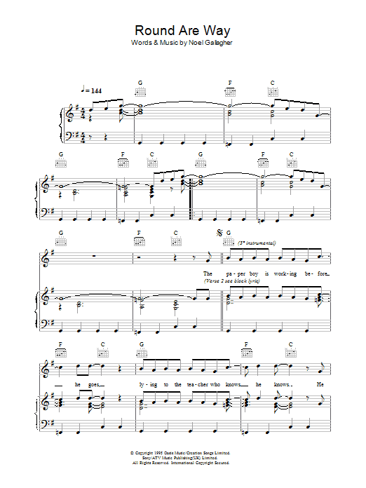 Oasis Round Are Way Sheet Music Notes & Chords for Piano, Vocal & Guitar (Right-Hand Melody) - Download or Print PDF