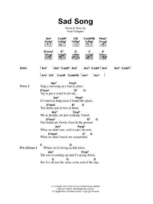 Oasis Sad Song Sheet Music Notes & Chords for Lyrics & Chords - Download or Print PDF Oasis Sad Song Sheet Music Notes & Chords for Lyrics & Chords - Download or Print PDF