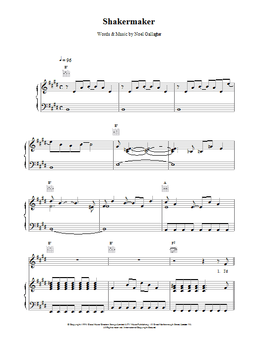 Oasis Shakermaker sheet music notes and chords. Download Printable PDF.
