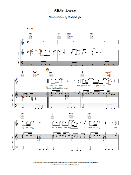 Oasis Slide Away Sheet Music Notes & Chords for Guitar Tab - Download or Print PDF