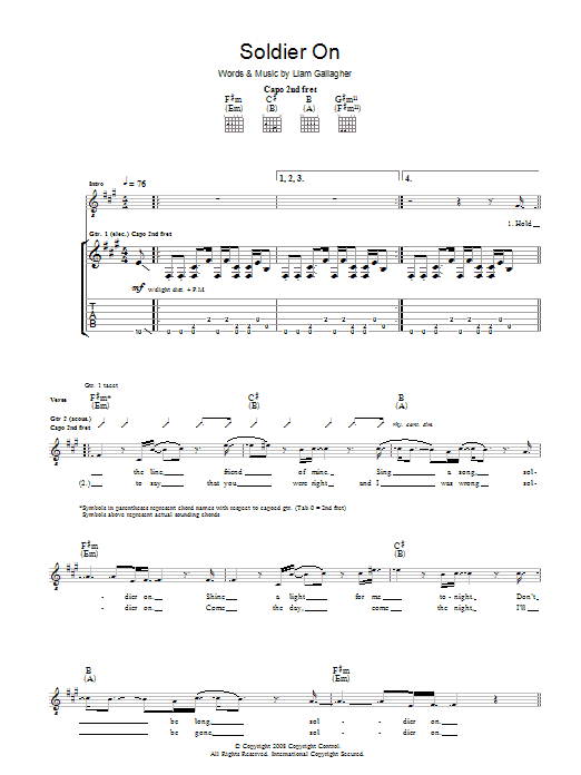 Oasis Soldier On Sheet Music Notes & Chords for Guitar Tab - Download or Print PDF