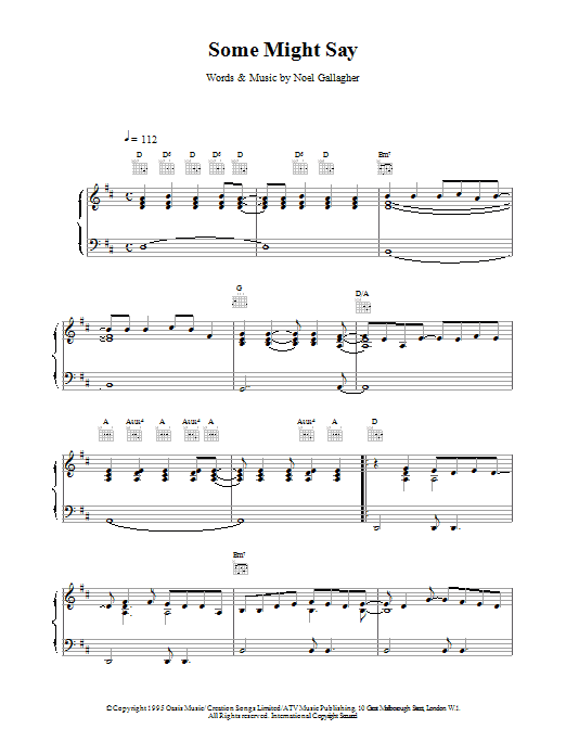 Oasis Some Might Say Sheet Music Notes & Chords for Piano, Vocal & Guitar (Right-Hand Melody) - Download or Print PDF