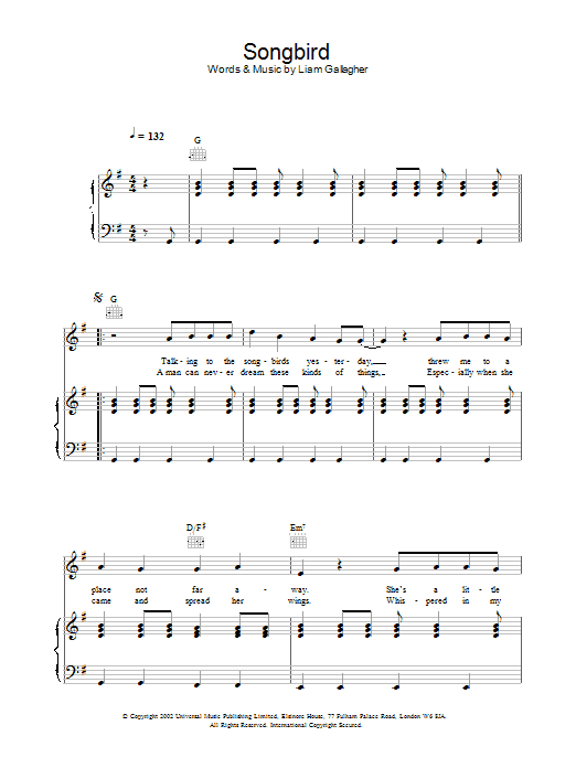 Oasis Songbird Sheet Music Notes & Chords for Piano, Vocal & Guitar - Download or Print PDF