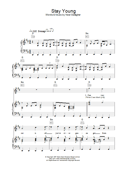 Oasis Stay Young Sheet Music Notes & Chords for Lyrics & Chords - Download or Print PDF