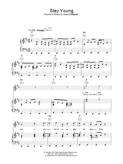 Oasis Stay Young Sheet Music Notes & Chords for Piano, Vocal & Guitar (Right-Hand Melody) - Download or Print PDF