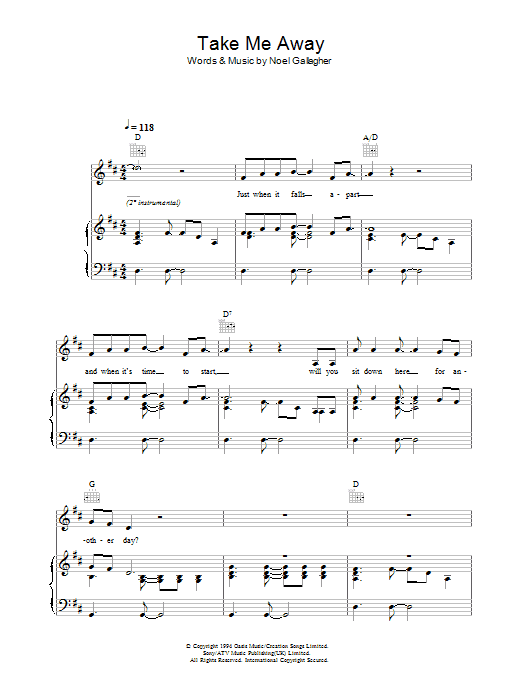 Oasis Take Me Away Sheet Music Notes & Chords for Piano, Vocal & Guitar (Right-Hand Melody) - Download or Print PDF