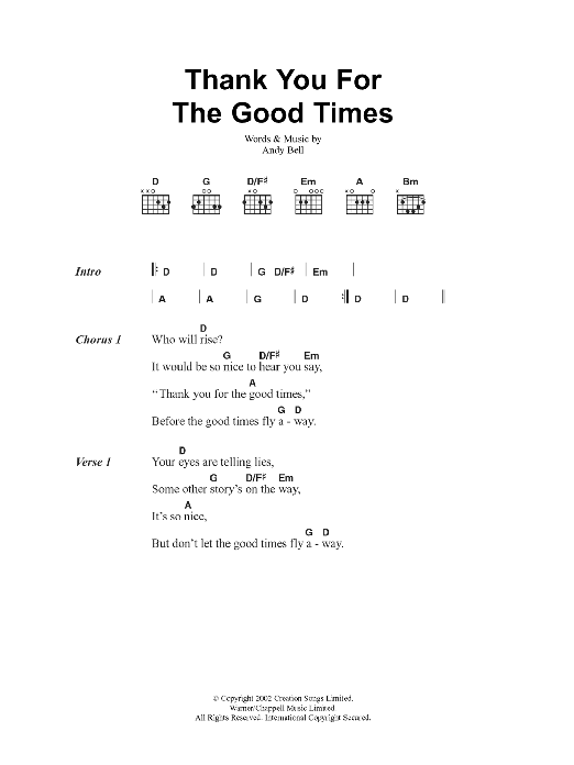 Oasis Thank You For The Good Times Sheet Music Notes & Chords for Lyrics & Chords - Download or Print PDF Oasis Thank You For The Good Times Sheet Music Notes & Chords for Lyrics & Chords - Download or Print PDF