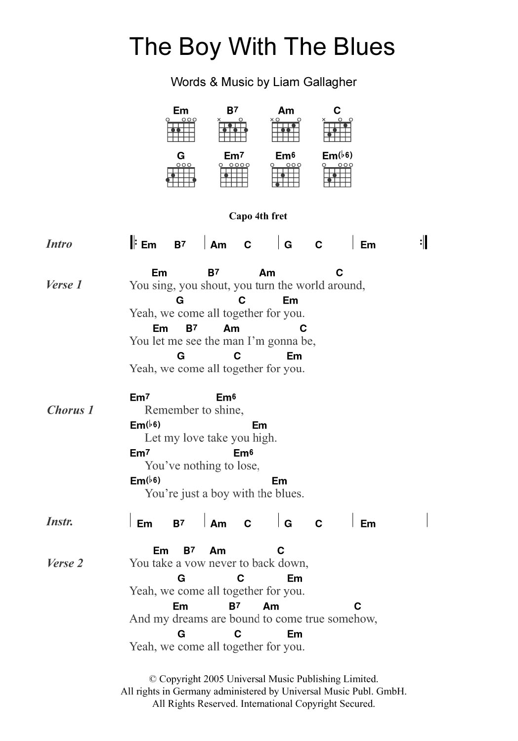 Oasis The Boy With The Blues Sheet Music Notes & Chords for Lyrics & Chords - Download or Print PDF
