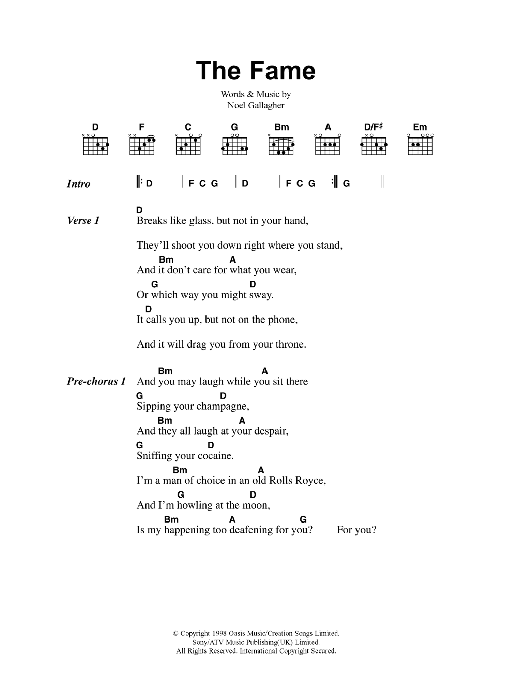 Oasis The Fame Sheet Music Notes & Chords for Lyrics & Chords - Download or Print PDF