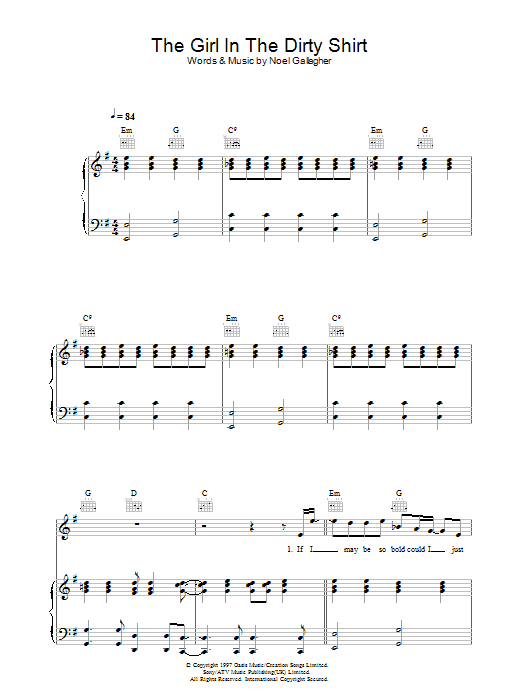 Oasis The Girl In The Dirty Shirt Sheet Music Notes & Chords for Piano, Vocal & Guitar - Download or Print PDF