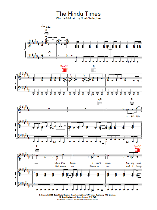 Oasis The Hindu Times Sheet Music Notes & Chords for Piano, Vocal & Guitar - Download or Print PDF