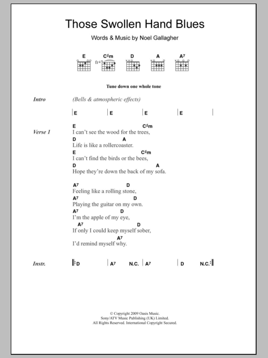 Oasis Those Swollen Hand Blues Sheet Music Notes & Chords for Lyrics & Chords - Download or Print PDF