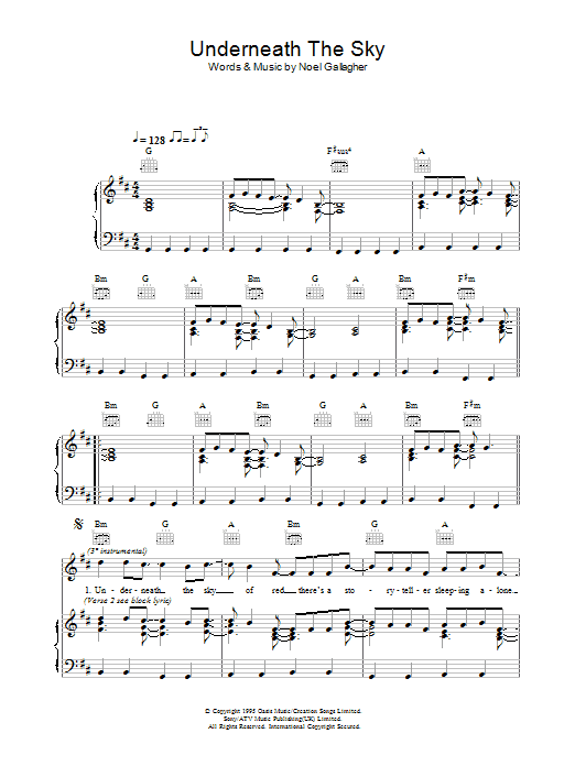 Oasis Underneath The Sky Sheet Music Notes & Chords for Piano, Vocal & Guitar (Right-Hand Melody) - Download or Print PDF