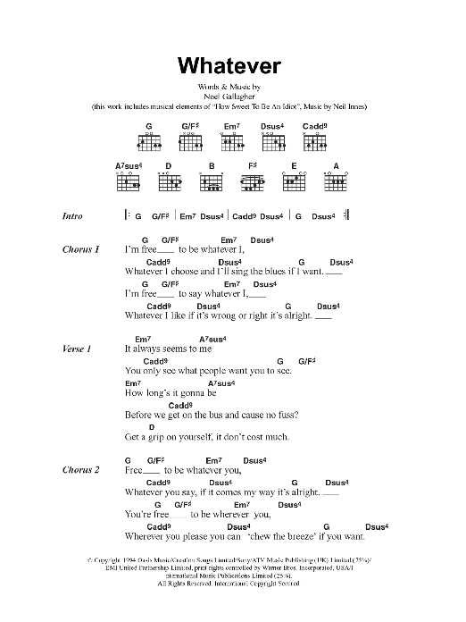 Oasis Whatever Sheet Music Notes & Chords for Really Easy Piano - Download or Print PDF