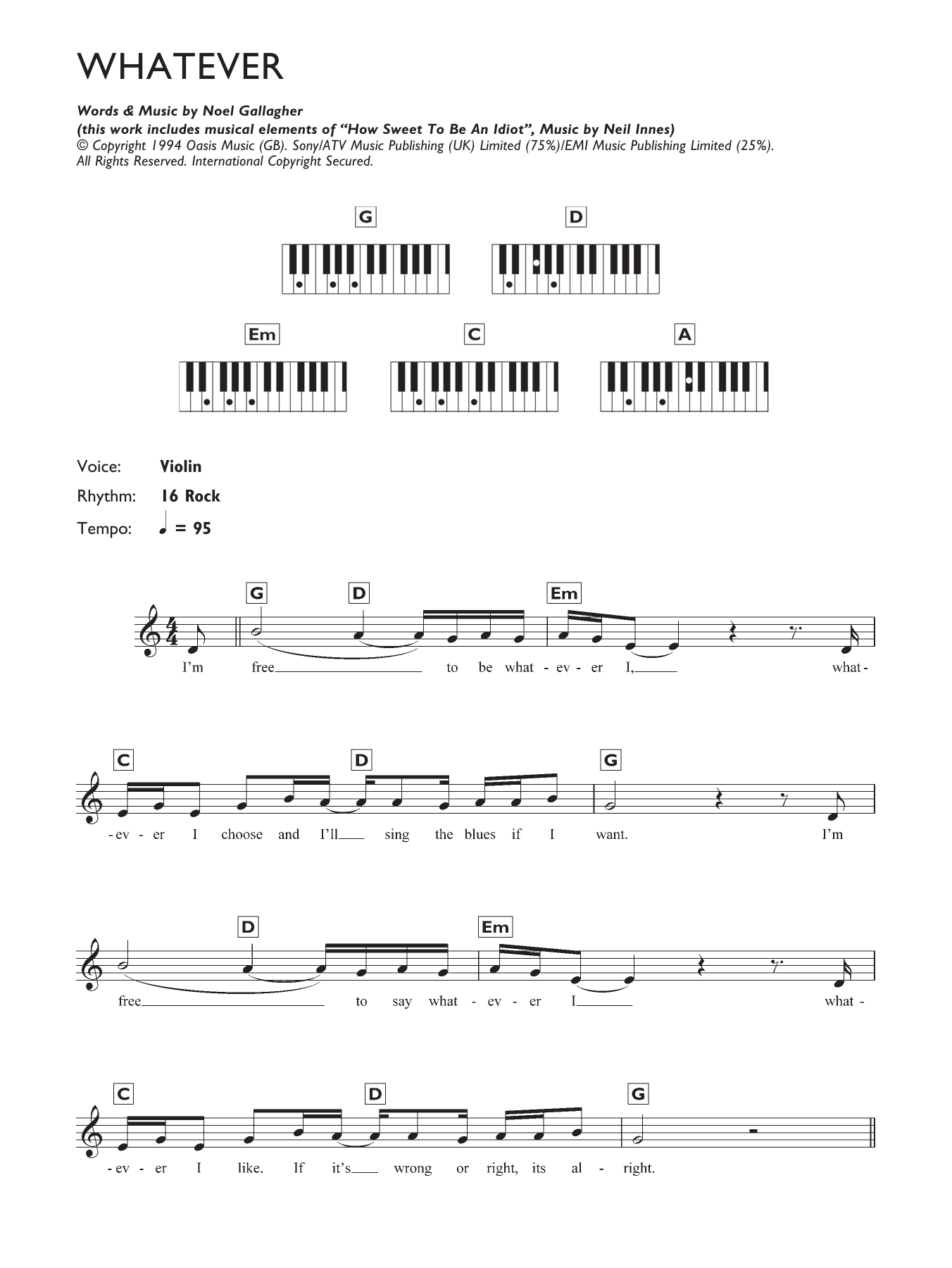Oasis Whatever Sheet Music Notes & Chords for Keyboard - Download or Print PDF