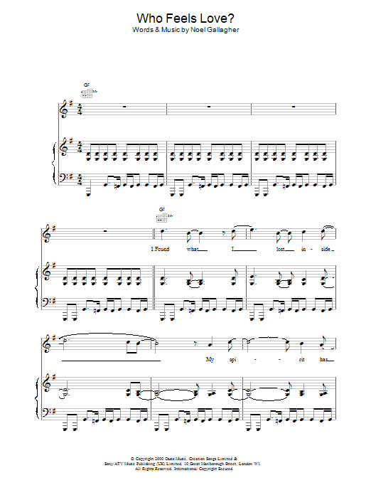 Oasis Who Feels Love? Sheet Music Notes & Chords for Piano, Vocal & Guitar - Download or Print PDF