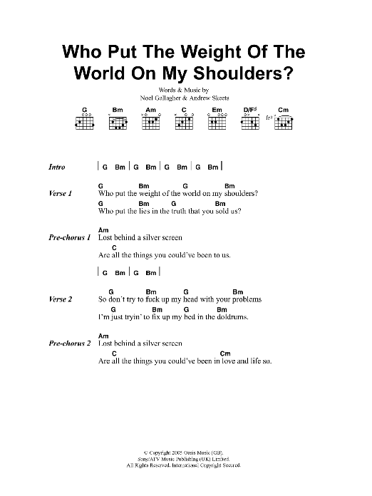 Oasis Who Put The Weight Of The World On My Shoulders? Sheet Music Notes & Chords for Lyrics & Chords - Download or Print PDF