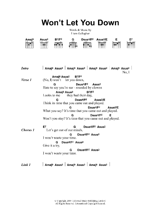 Oasis Won't Let You Down Sheet Music Notes & Chords for Lyrics & Chords - Download or Print PDF