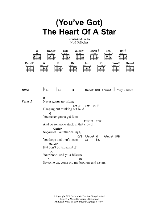 Oasis You've Got The Heart Of A Star Sheet Music Notes & Chords for Lyrics Only - Download or Print PDF