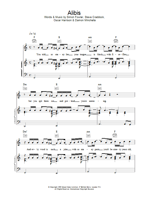 Ocean Colour Scene Alibis Sheet Music Notes & Chords for Piano, Vocal & Guitar (Right-Hand Melody) - Download or Print PDF