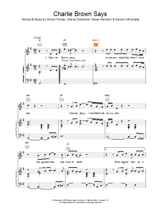 Ocean Colour Scene Charlie Brown Says Sheet Music Notes & Chords for Piano, Vocal & Guitar (Right-Hand Melody) - Download or Print PDF
