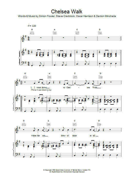Ocean Colour Scene Chelsea Walk Sheet Music Notes & Chords for Piano, Vocal & Guitar (Right-Hand Melody) - Download or Print PDF