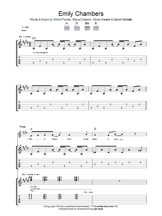 Ocean Colour Scene Emily Chambers Sheet Music Notes & Chords for Guitar Tab - Download or Print PDF