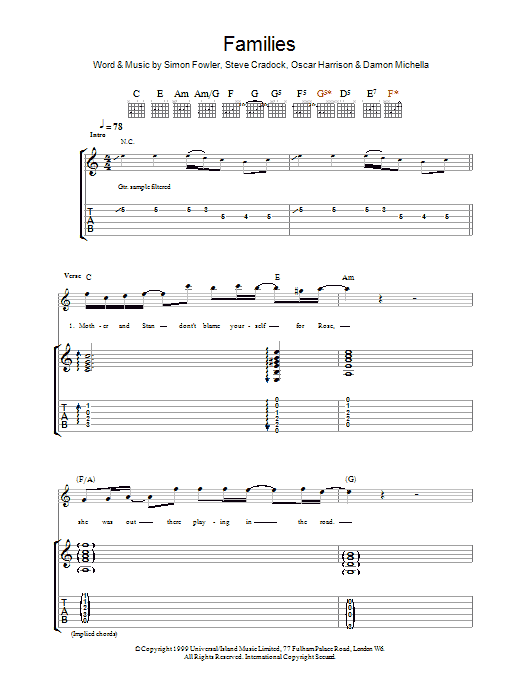 Ocean Colour Scene Families Sheet Music Notes & Chords for Guitar Tab - Download or Print PDF