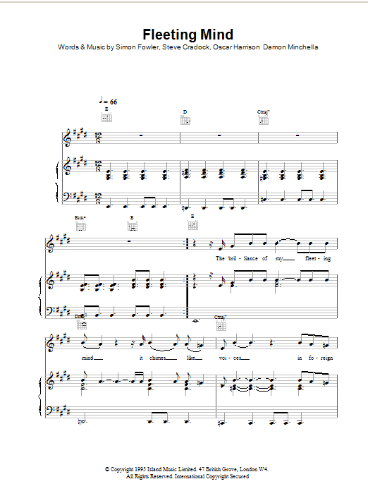 Ocean Colour Scene Fleeting Mind Sheet Music Notes & Chords for Piano, Vocal & Guitar (Right-Hand Melody) - Download or Print PDF