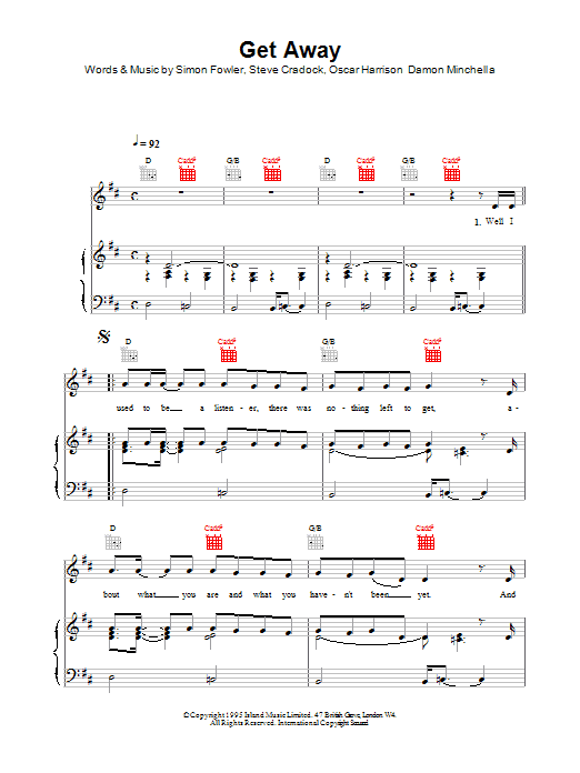 Ocean Colour Scene Get Away Sheet Music Notes & Chords for Piano, Vocal & Guitar (Right-Hand Melody) - Download or Print PDF