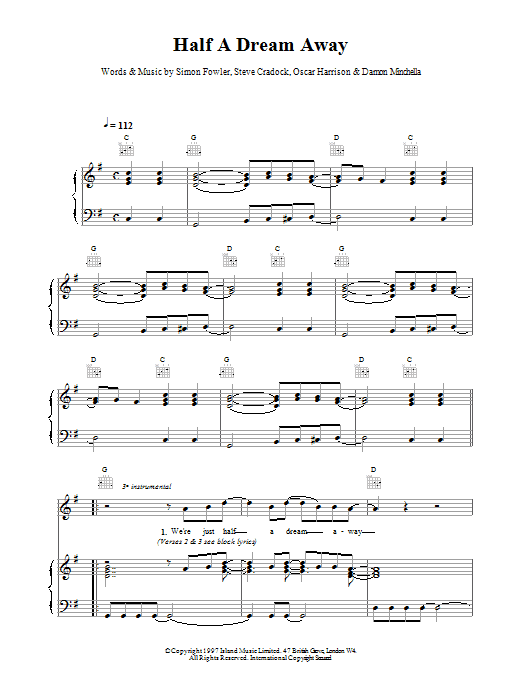Ocean Colour Scene Half A Dream Away Sheet Music Notes & Chords for Piano, Vocal & Guitar (Right-Hand Melody) - Download or Print PDF