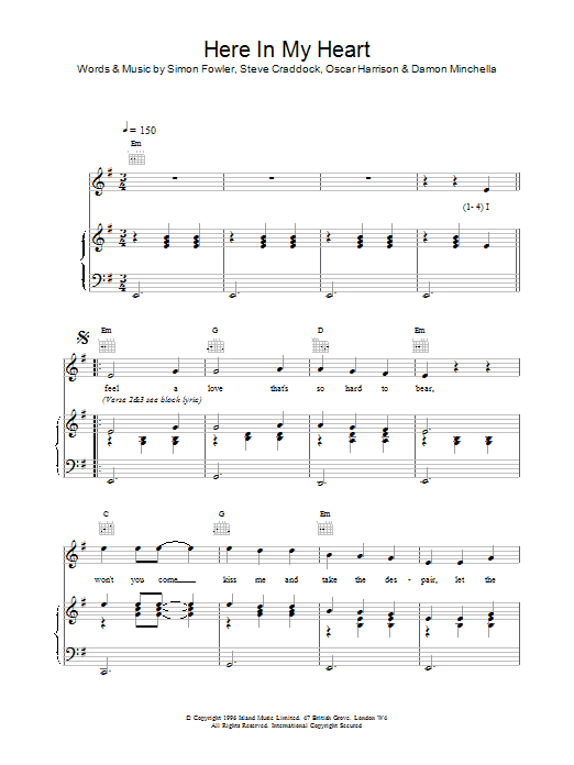 Ocean Colour Scene Here In My Heart Sheet Music Notes & Chords for Piano, Vocal & Guitar (Right-Hand Melody) - Download or Print PDF