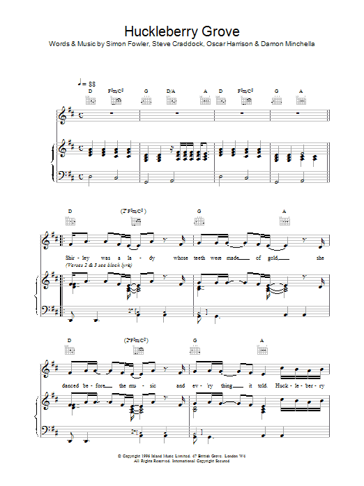 Ocean Colour Scene Huckleberry Grove Sheet Music Notes & Chords for Piano, Vocal & Guitar (Right-Hand Melody) - Download or Print PDF