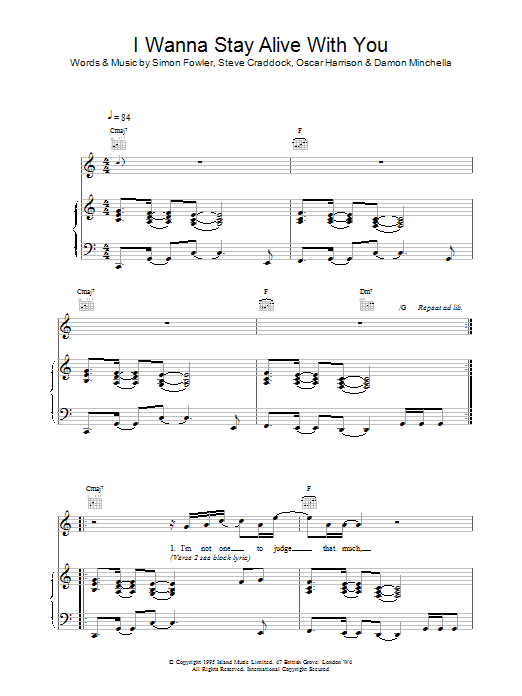 Ocean Colour Scene I Wanna Stay Alive With You Sheet Music Notes & Chords for Piano, Vocal & Guitar - Download or Print PDF