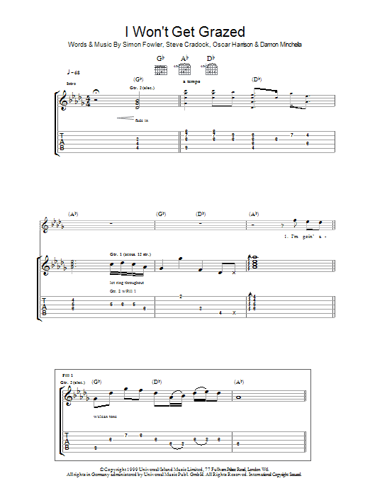 Ocean Colour Scene I Won't Get Grazed Sheet Music Notes & Chords for Guitar Tab - Download or Print PDF