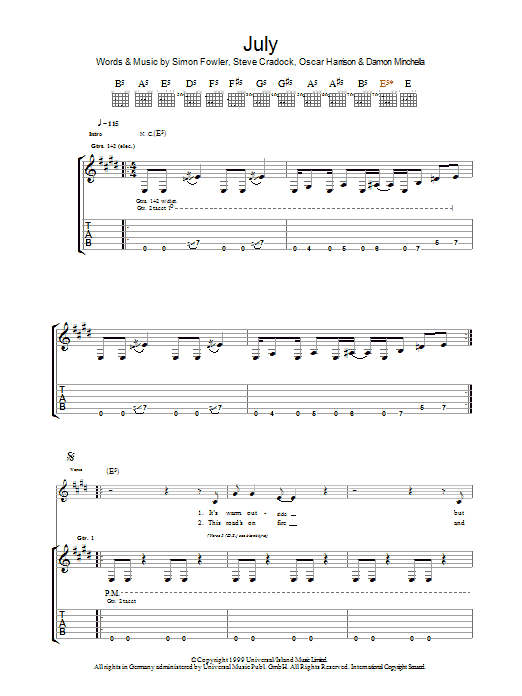 Ocean Colour Scene July Sheet Music Notes & Chords for Guitar Tab - Download or Print PDF